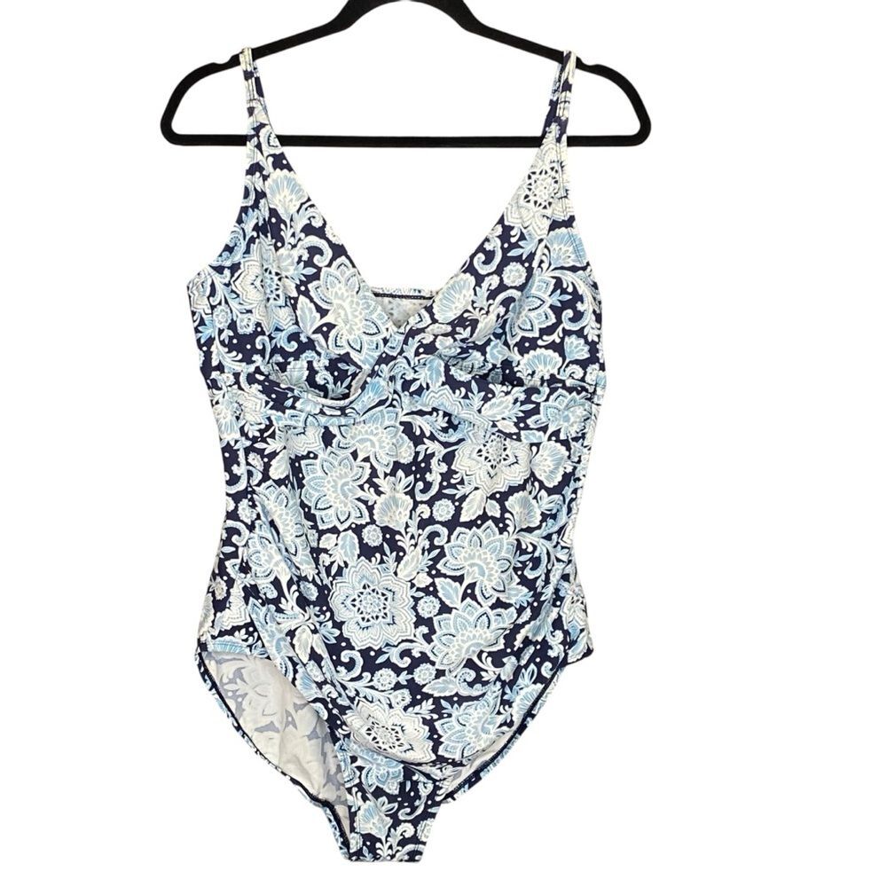 Kona Sol Shired Wrap Front One Piece Swim Suit Blue White Womens Size XL